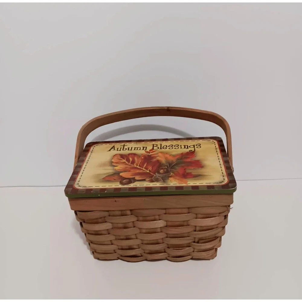 Basket /w Handle Wicker AUTUMN BLESSINGS Brown Green Lid Country Farmhouse Decor